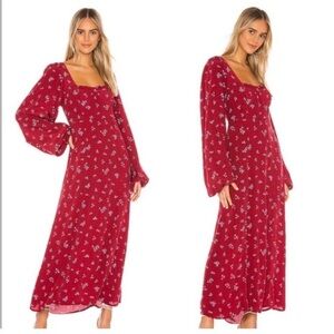 Free People Iris Maxi Dress Long Sleeves Floral Burgundy Red Blue Small